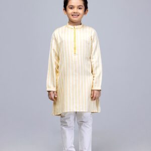 Yellow Striped and Embroidered Mixed Viscose Panjabi